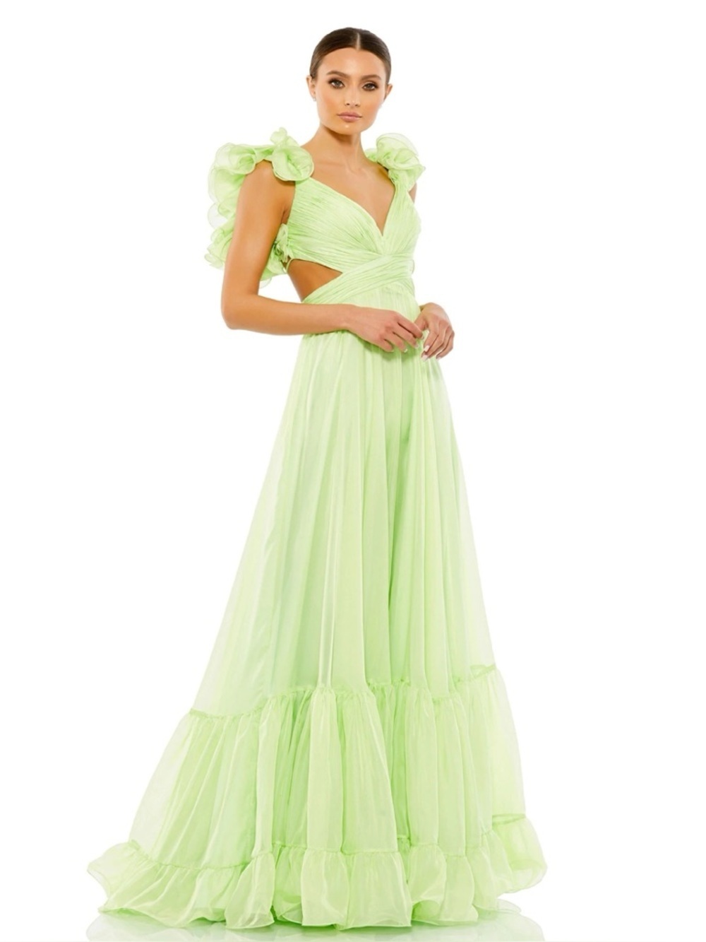 Mac Duggal 67911 Light Green Ruffle Tiered Cut-Out Chiffon Gown Size 6 NWT